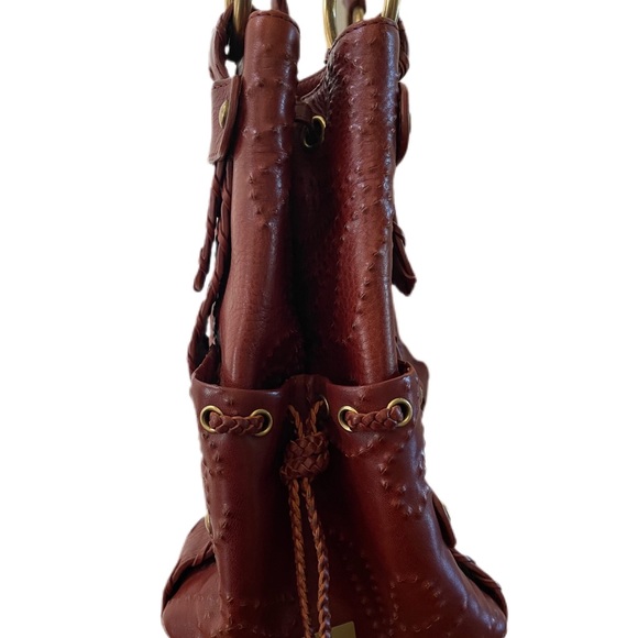 Kooba Sienna Dark Brown Leather Whip Stitched Embossed Floral Shoulder Bag EUC - Picture 4 of 16